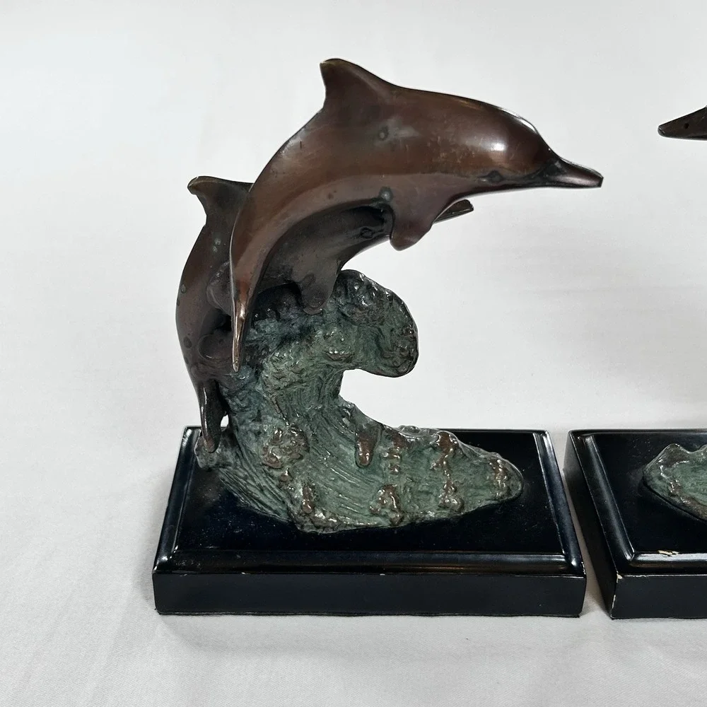 Vintage Brass Pair Of Dolphin Bookends Collectable Decor Figurines Waves MCM